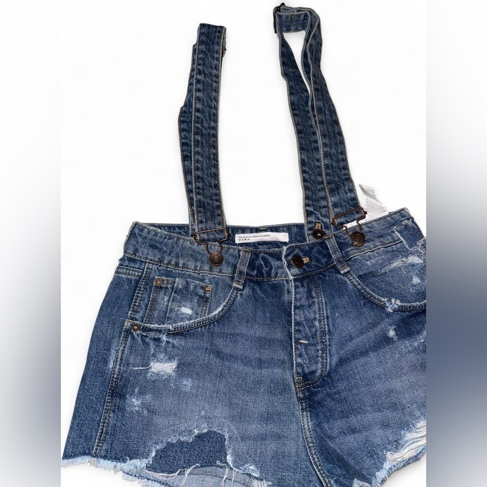 Zara Distressed Blue Denim shorts with suspenders